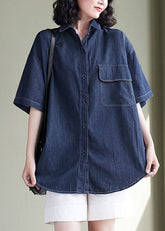 Marineblaues Patchwork-Jeanshemd mit Peter-Pan-Kragen